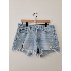 AGOLDE high rise distressed raw hem denim shorts, size 30